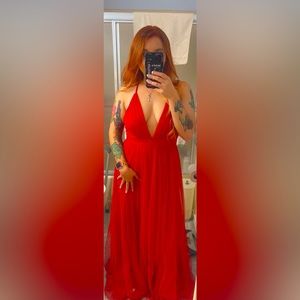 Fashion Nova Deep Plunge V-Neck Floor-length Dress Red Size L